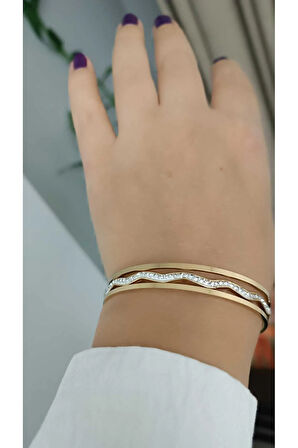 Çelik Kararma Yapmaz Gold Özel Tasarım 2 adet Düz 1 adet Zigzag Taşlı 3'lü Bilezik