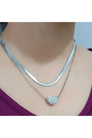 1.Sınıf Çelik Kararma Yapmaz Silver Kalp Figürlü Taşlı Kolye