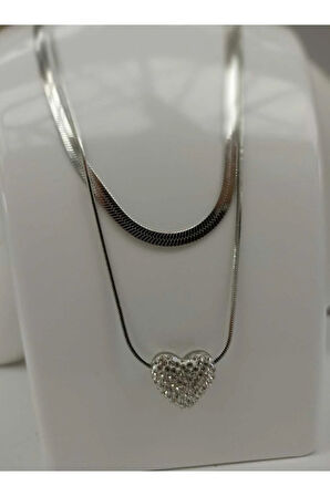 1.Sınıf Çelik Kararma Yapmaz Silver Kalp Figürlü Taşlı Kolye