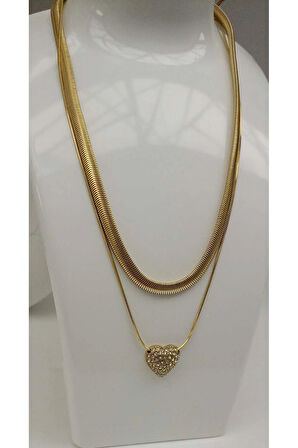 1.Sınıf Çelik Kararma Yapmaz Gold Kalp Figürlü Taşlı Kolye