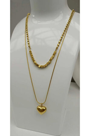 1.Sınıf Çelik Kararma Yapmaz Gold Çift Zincir Kolye