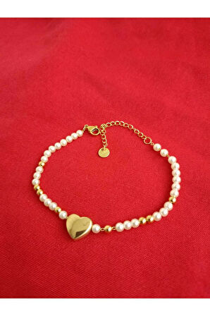 İncili Taşlı Kalp Figürlü 1.Sınıf Kadın Çelik Bileklik