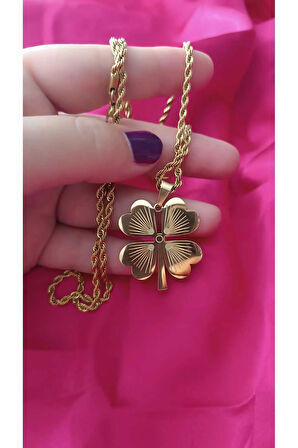 316L Çelik Kararma Yapmaz Altın Kaplama Büyük Yonca Kadın Kolye 60cm