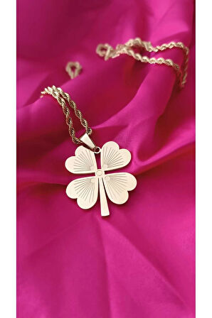 316L Çelik Kararma Yapmaz Altın Kaplama Büyük Yonca Kadın Kolye 60cm