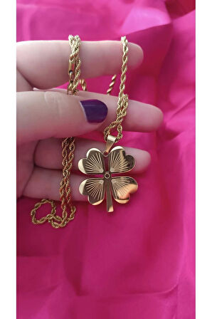 316L Çelik Kararma Yapmaz Altın Kaplama Büyük Yonca Kadın Kolye 60cm