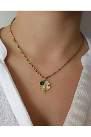 1.Sınıf Çelik Karama Yapmaz Yeşil Taşlı Yonca Figürlü Kolye