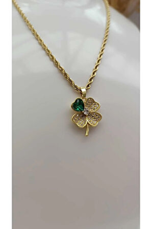 1.Sınıf Çelik Karama Yapmaz Yeşil Taşlı Yonca Figürlü Kolye