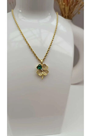 1.Sınıf Çelik Karama Yapmaz Yeşil Taşlı Yonca Figürlü Kolye