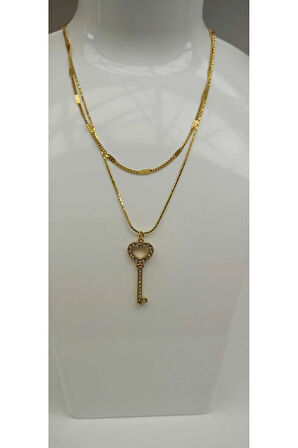 Çelik Kararma Yapmaz Zirkon Taşlı Gold Anahtar Kolye