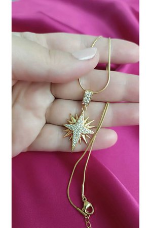 316L Çelik Zirkon Taşlı Kuzey Yıldızı Kolye Gold Renk Parlak Taşlı Kadın Çelik Kolye Zarif Tasarım