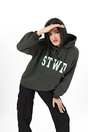 Kadın Koyu 3 iplik şardonlu Cepli Kapüşonlu STWD Desenli Sweatshirt