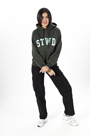 Kadın Koyu 3 iplik şardonlu Cepli Kapüşonlu STWD Desenli Sweatshirt