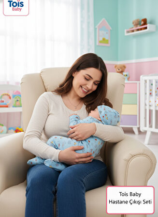 Tois Baby Desenli Patikli Organik Hastahane Çıkışı Bebek Takımı 0-3 Ay Mavi