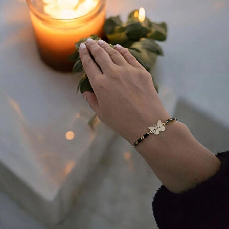 Yıldız İsmine Özel Kelebek Motifli 14 Ayar Altın Plakalı Zincirli Hediye Bileklik-343isim-siyahtaş