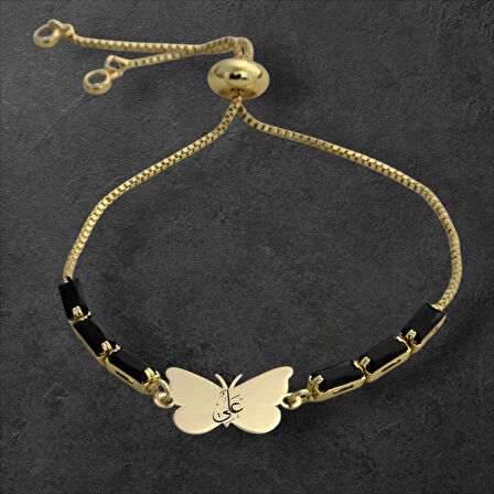 Hz Ali Temalı Zincirli Kelebek Motifli 14 Ayar Altın Plakalı Hediye Bileklik-343sembol-siyahtaş