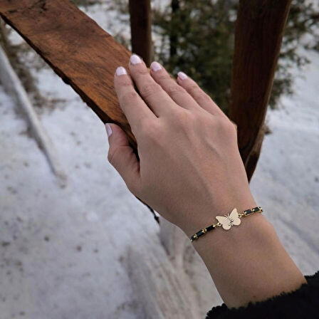 Hz Ali Temalı Zincirli Kelebek Motifli 14 Ayar Altın Plakalı Hediye Bileklik-343sembol-siyahtaş