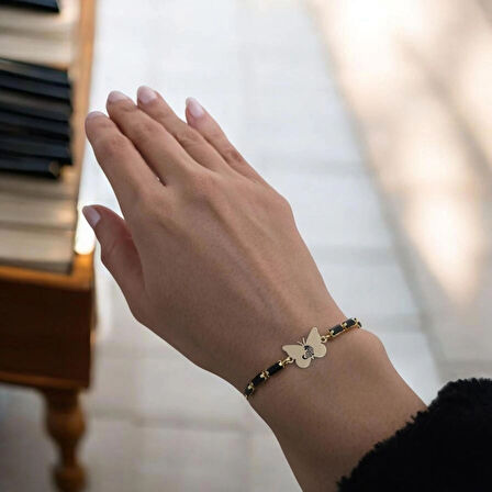 Kedi Temalı Kelebek Motifli 14 Ayar Altın Plakalı Zincirli Hediye Bileklik-343sembol-siyahtaş