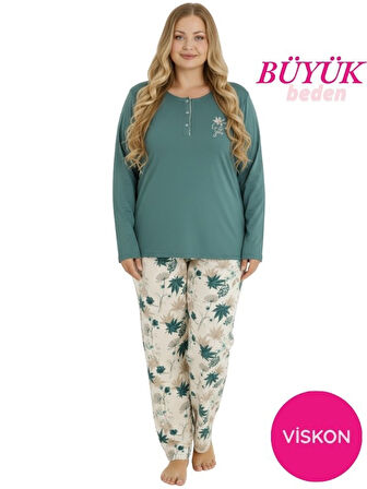 Kadın Büyük Beden Desenli Bisiklet Yaka Mevsimlik Likra Viskon Uzun Kol Pijama Takımı