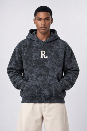 Erkek Revere Nakışlı Yıkamalı Oversize Hoodie Siyah