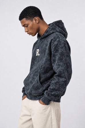 Erkek Revere Nakışlı Yıkamalı Oversize Hoodie Siyah