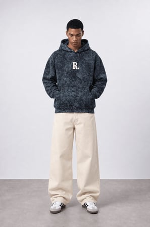Erkek Revere Nakışlı Yıkamalı Oversize Hoodie Siyah