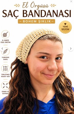 Kadın El Örgüsü Saç Bandanası Bohem Bone Yazlık Bandana Saç Aksesuarı Krem Renk