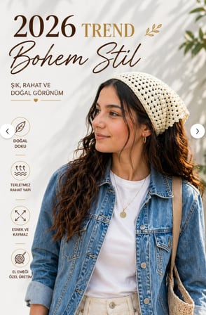 Kadın El Örgüsü Saç Bandanası Bohem Bone Yazlık Bandana Saç Aksesuarı Krem Renk