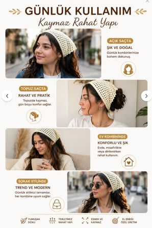 Kadın El Örgüsü Saç Bandanası Bohem Bone Yazlık Bandana Saç Aksesuarı Krem Renk