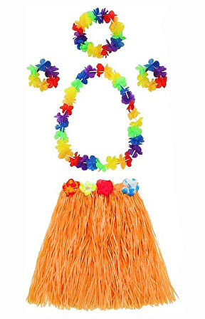 himarry Yetişkin ve Çocuk Uyumlu Luau Aloha Hawaii Turuncu Etek ve Renkli Kolye Taç 2 Adet Bileklik Seti