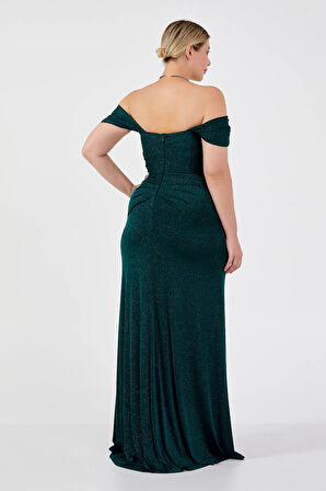 Şeref Vural Kadın Büyük Beden Düşük Omuz Derin Yırtmaçlı Balık Form Abiye Elbise 8212 Nefti