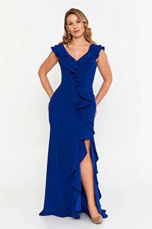 Şeref Vural Kadın Büyük Beden Fırfır Detaylı Balık Form Abiye Elbise 8329 Saks