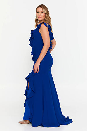 Şeref Vural Kadın Büyük Beden Fırfır Detaylı Balık Form Abiye Elbise 8329 Saks