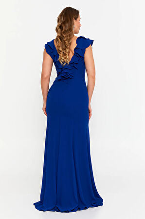 Şeref Vural Kadın Büyük Beden Fırfır Detaylı Balık Form Abiye Elbise 8329 Saks