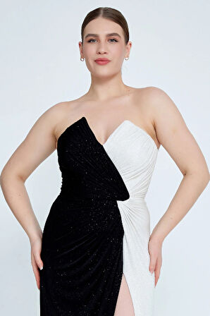 Şeref Vural Kadın Büyük Beden Straplez Derin Yırtmaçlı Maxi Abiye Elbise 8237 Siyah-Beyaz