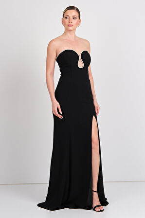 Şeref Vural Kadın Straplez Derin Yırtmaçlı Maxi Abiye Elbise 8342 Siyah