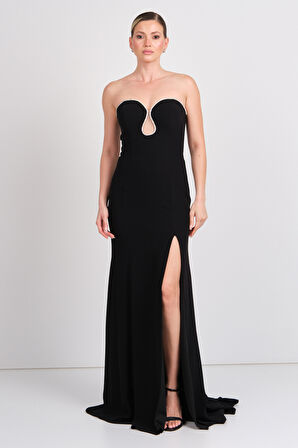 Şeref Vural Kadın Straplez Derin Yırtmaçlı Maxi Abiye Elbise 8342 Siyah