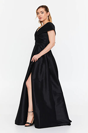 Şeref Vural Kadın Düşük Omuz Derin Yırtmaçlı Maxi Abiye Elbise 8363 Siyah