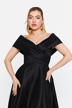 Şeref Vural Kadın Düşük Omuz Derin Yırtmaçlı Maxi Abiye Elbise 8363 Siyah