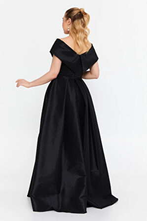 Şeref Vural Kadın Düşük Omuz Derin Yırtmaçlı Maxi Abiye Elbise 8363 Siyah