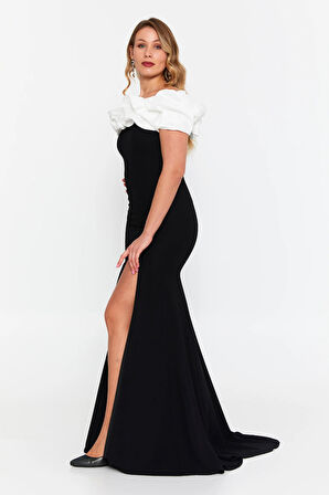 Şeref Vural Kadın Büyük Beden Derin Yırtmaçlı Balık Form Maxi Abiye Elbise 8319 Siyah-Beyaz