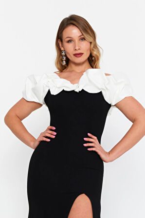 Şeref Vural Kadın Büyük Beden Derin Yırtmaçlı Balık Form Maxi Abiye Elbise 8319 Siyah-Beyaz