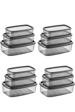 Oval 12 Parça Hava Almaz Sızdırmaz Saklama Kabı Seti Füme 4x(300/500/800 ml)