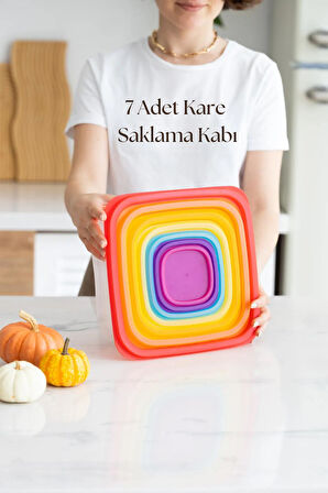 Kare 7 Parça Hava Almaz Sızdırmaz Saklama Kabı Seti Renkli Kapak (200/330/630/1100/1800/3300/5600 ml)