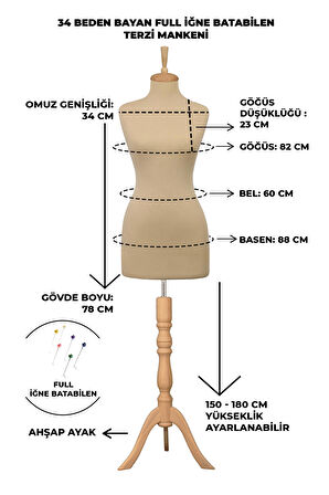 34 Beden İğne Batabilen Terzi Mankeni Prova Mankeni Sünger Manken