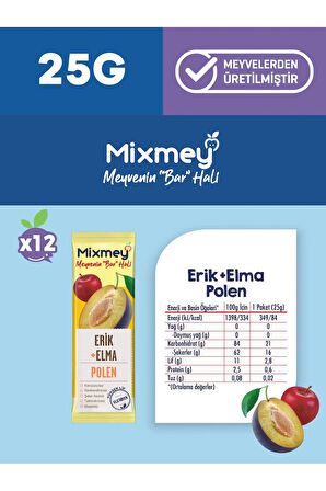 Mixmey Bee Erik Ve Polen Meyve Bar 12 Adet | Vejetaryen, Glutensiz Sağlıklı Atıştırmalık- 25gr X 12 Adet