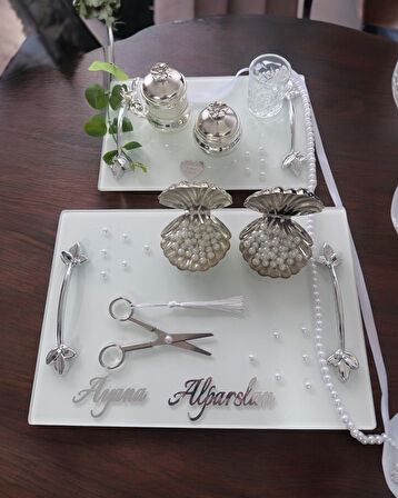 Adore Gümüş Beyaz İncili Söz Tepsisi Nişan Tepsisi ve Damat Kahve Fincan Tepsisi