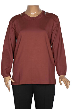 Cimariva Kadın Meyra Büyük Beden O Yaka Nakışlı Taba Bluz