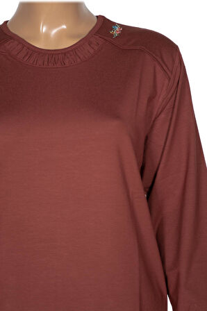 Cimariva Kadın Meyra Büyük Beden O Yaka Nakışlı Taba Bluz