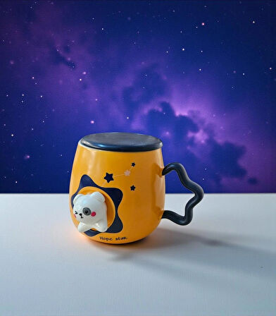  Uzay Temalı Kapaklı Yıldız Kedi Kupa Bardak, Kaşıklı, Şık ve Kullanışlı Tasarım
