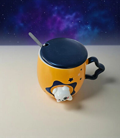  Uzay Temalı Kapaklı Yıldız Kedi Kupa Bardak, Kaşıklı, Şık ve Kullanışlı Tasarım